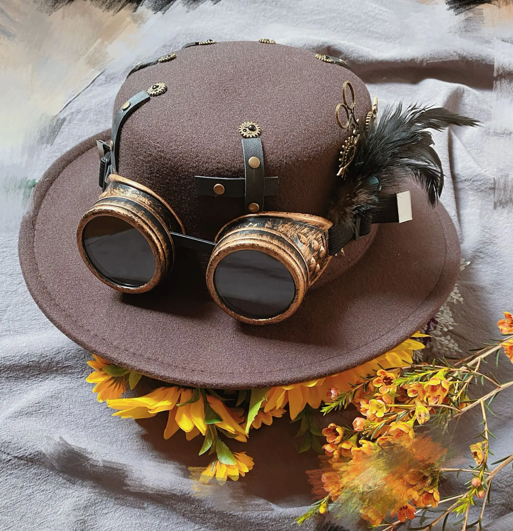 

Original Steampunk Detachable Glasses Feather Retro Jazz Brown Flat Top Hat For Men And Women