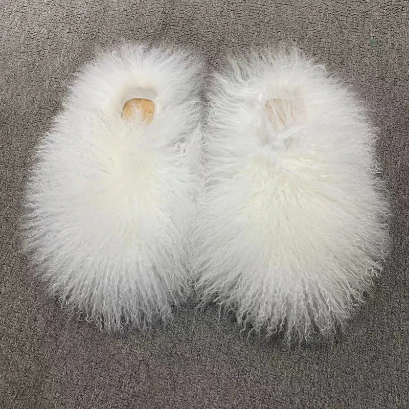 

2022 Fluffy Mongolian Lamb Fur Slippers Autumn Winter Indoor Slides Lady Natural Fur Sandals Flip Flop S4919
