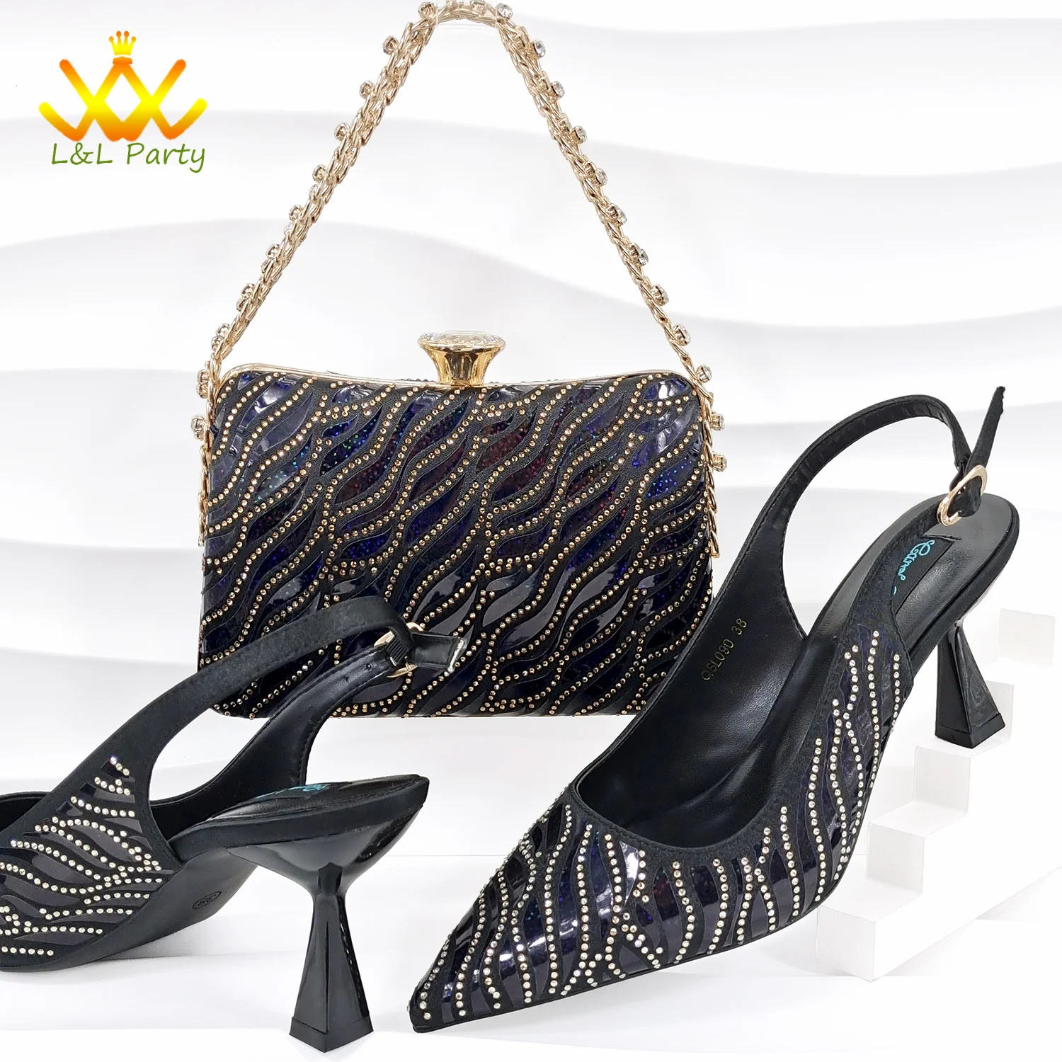 

High Quality 2024 Italian Design Spring Summer New Arrivals in Black Color Mature African Women Shoes and Bag to Match