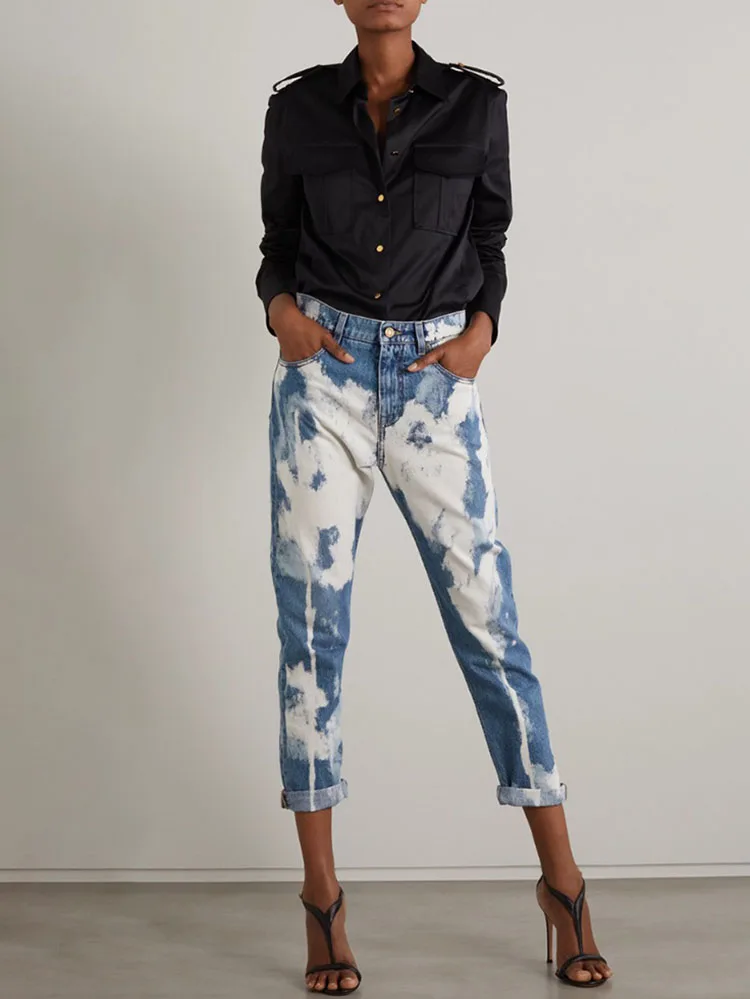 

spring and summer washed high waist printing cotton nine women's jeans2024korean fashion Slim straight small feet Woman trousers