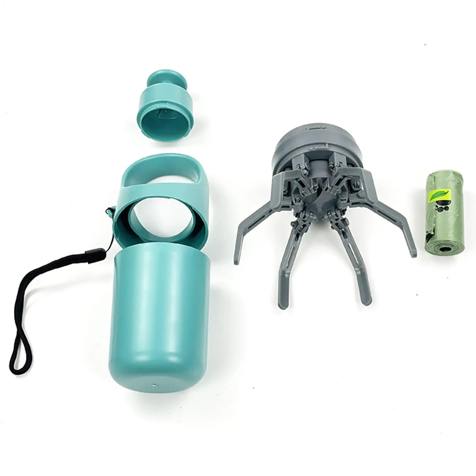 Dog Poop Scooper | Dog Waste Picker An "exploded" layout of the product components on a white background, including the teal handle, the plunger button, the main grey claw mechanism, the protective outer shell, and a roll of green waste bags.