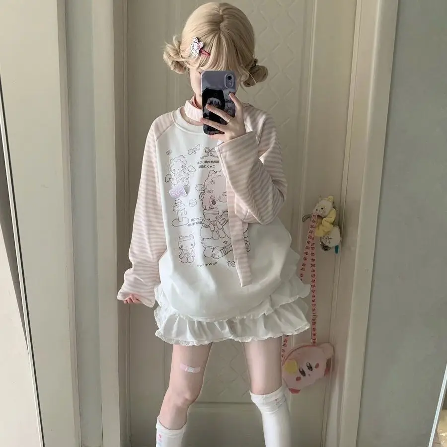 Sweet Kitten Print Graphic Tshirts O-neck Pink Striped Long Sleeve Sweatershirt Female Cute Japanese Y2k Top Aesthetic Ropa 23 S5a7c625d566e40a096a3589dd1b254603