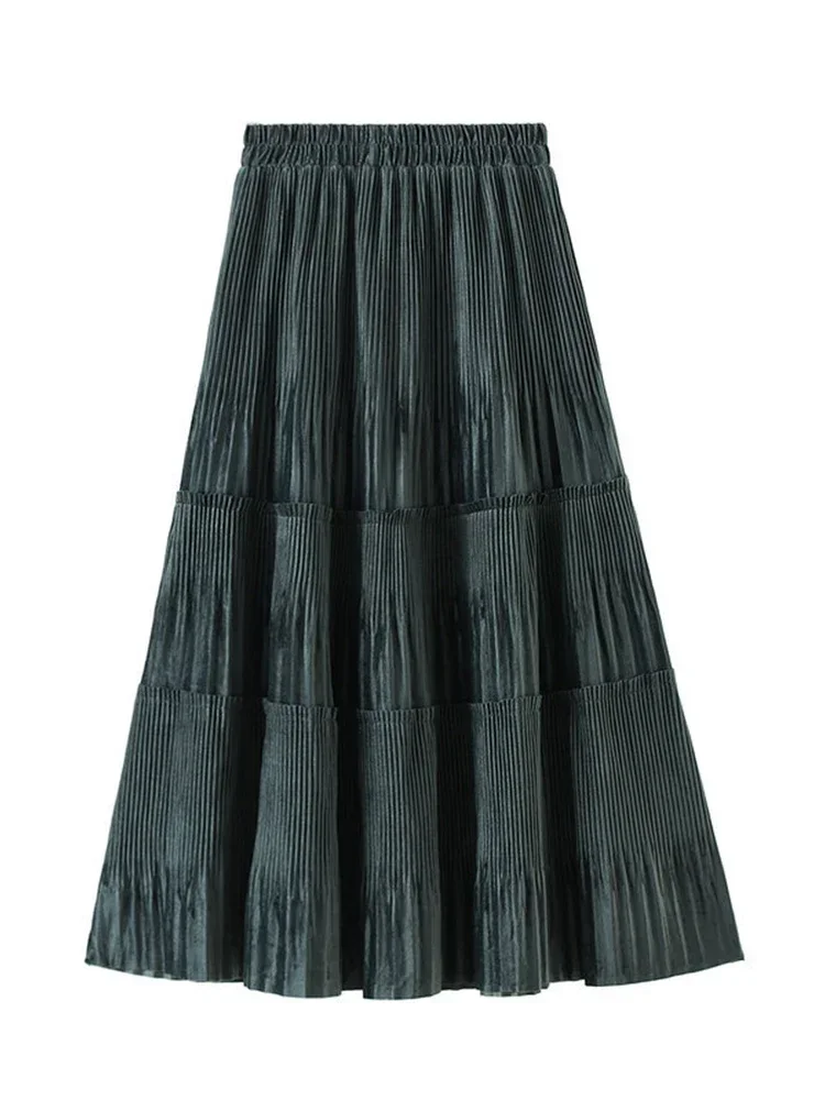 

Velvet Pleated Long Skirt for Women 2024 Autumn Winter Vintage Casual Solid All-match A Line High Waist Midi Female Z565