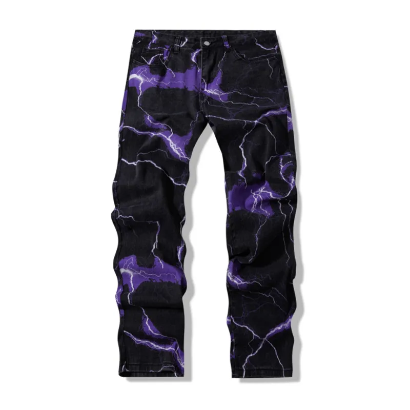 

Vibe Style Lightning Print Tie Dye Men Straight Y2K Jeans Trousers New Hip Hop Vintage Japanese Women Denim Pants Ropa Hombre
