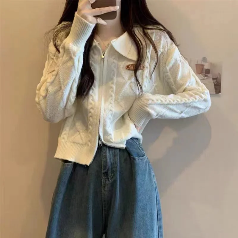 Korean Fashion Knit Cardigan Sweater Zipper Polo Collar Autumn Winter Sweater Coat Long Sleeve Knit Cropped Tops
Korean Fashion Knit Cardigan Sweater Zipper Polo Collar Autumn Winter Sweater Coat Long Sleeve Knit Cropped Tops
