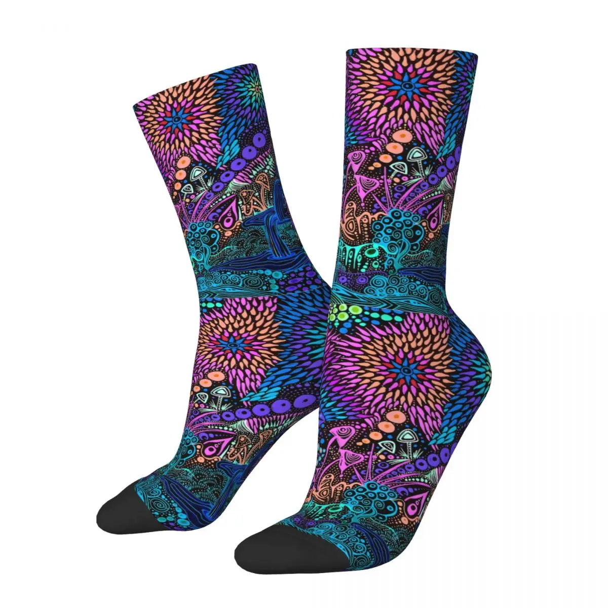 

Funny Crazy Sock for Men Mushrooms On The Moon Harajuku Neon Pattern Breathable Pattern Printed Crew Sock Seamless Gift