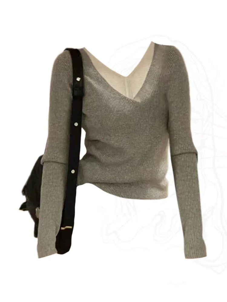 

Женский базовый Серый кардиган, свитер на осень и зиму, дизайнерский вязаный пуловер с длинным рукавом и имитацией двух предметов, Удобный Повседневный лоскутный пуловер