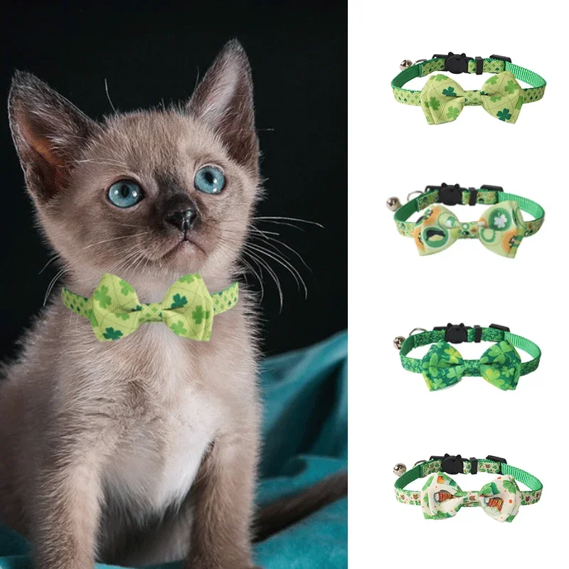 

Personalized Bow Cat Necklace Green Flowers Collar for Dog Safety Buckle with Bell Harness Fors Small Dogs Pet Accessories