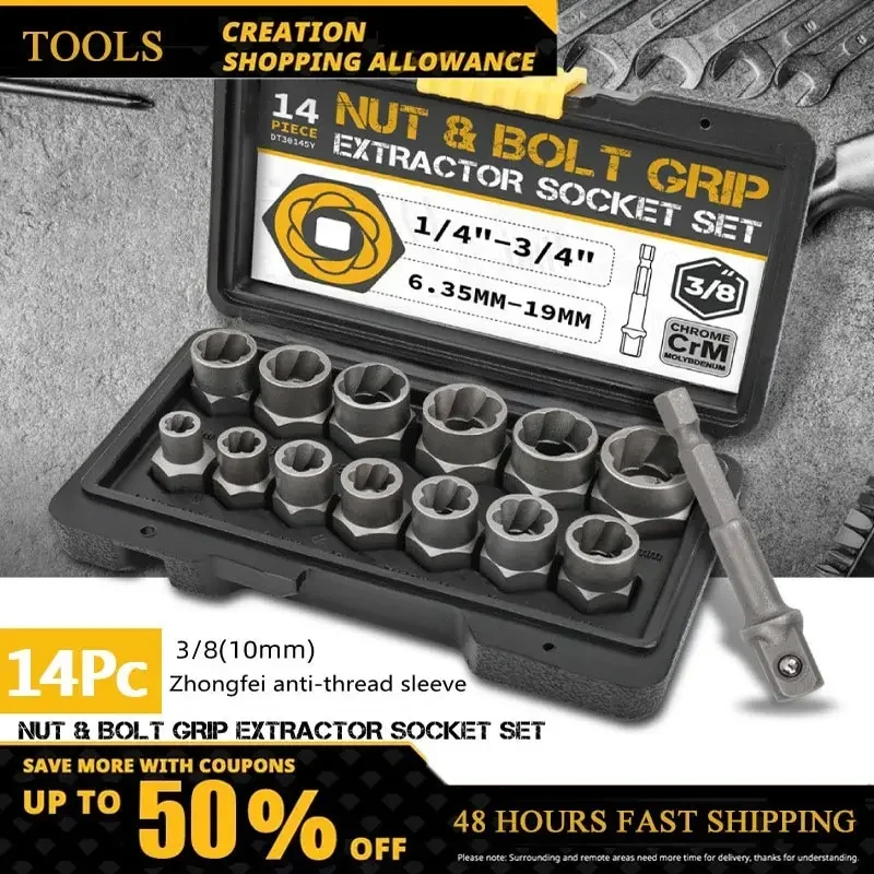 14Pc Extraction Socket Set Impact Bolt Nut Remover Set Bolt Extractor Tool Kit For Removing Damaged Bolts Nuts Screws
14Pc Extraction Socket Set Impact Bolt Nut Remover Set Bolt Extractor Tool Kit For Removing Damaged Bolts Nuts Screws
