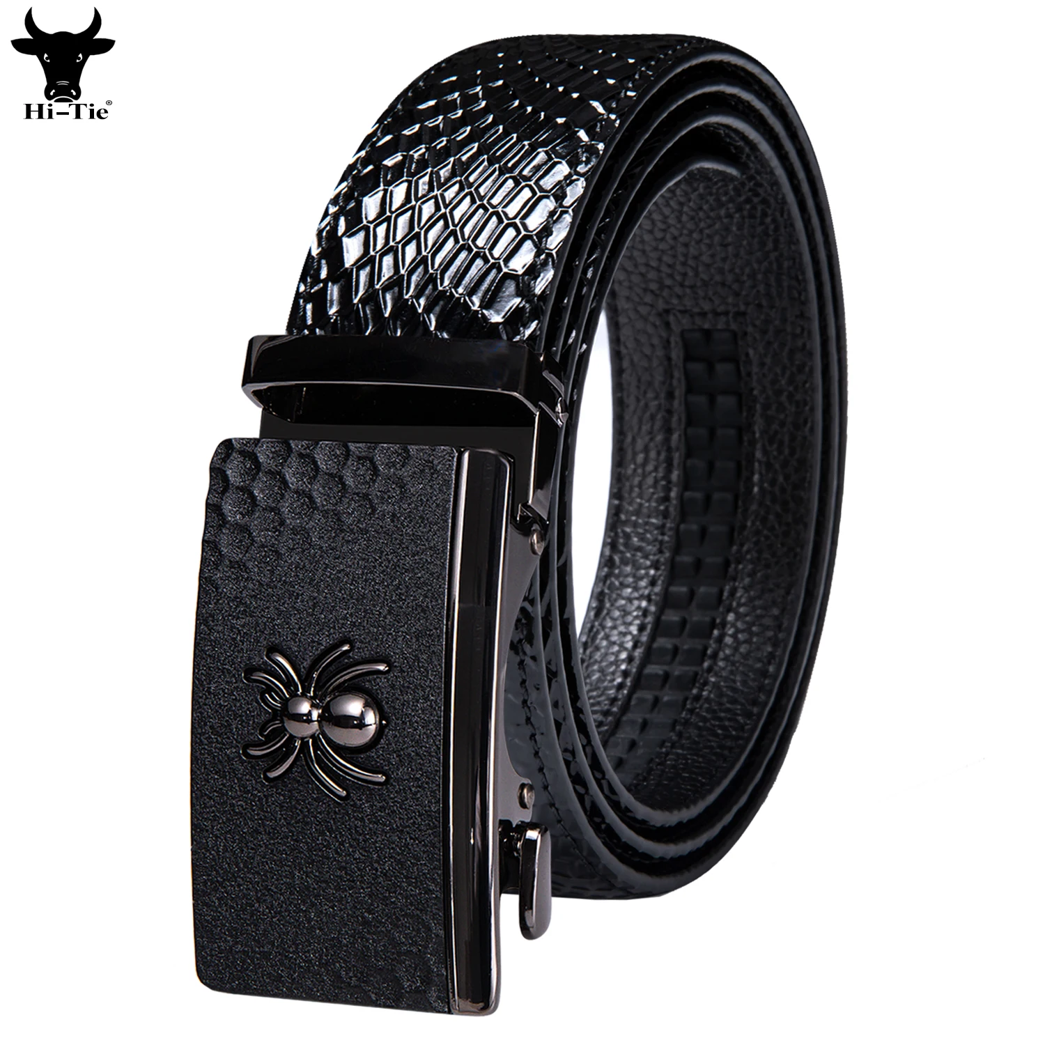 

Black Leather Mens Belts Emboss Ratchet Strap Waistband Automatic Buckles Sliding Dress Jeans Belt for Men Wedding Business Gift