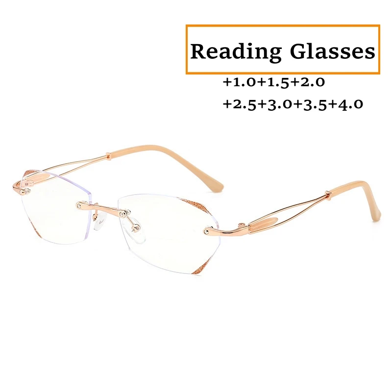 

New Fashion Rimless Reading Glasses Irregular Women Diamond-cut Presbyopia Anti Blue Light Far Sight Eyeglasses Diopter To +4.0