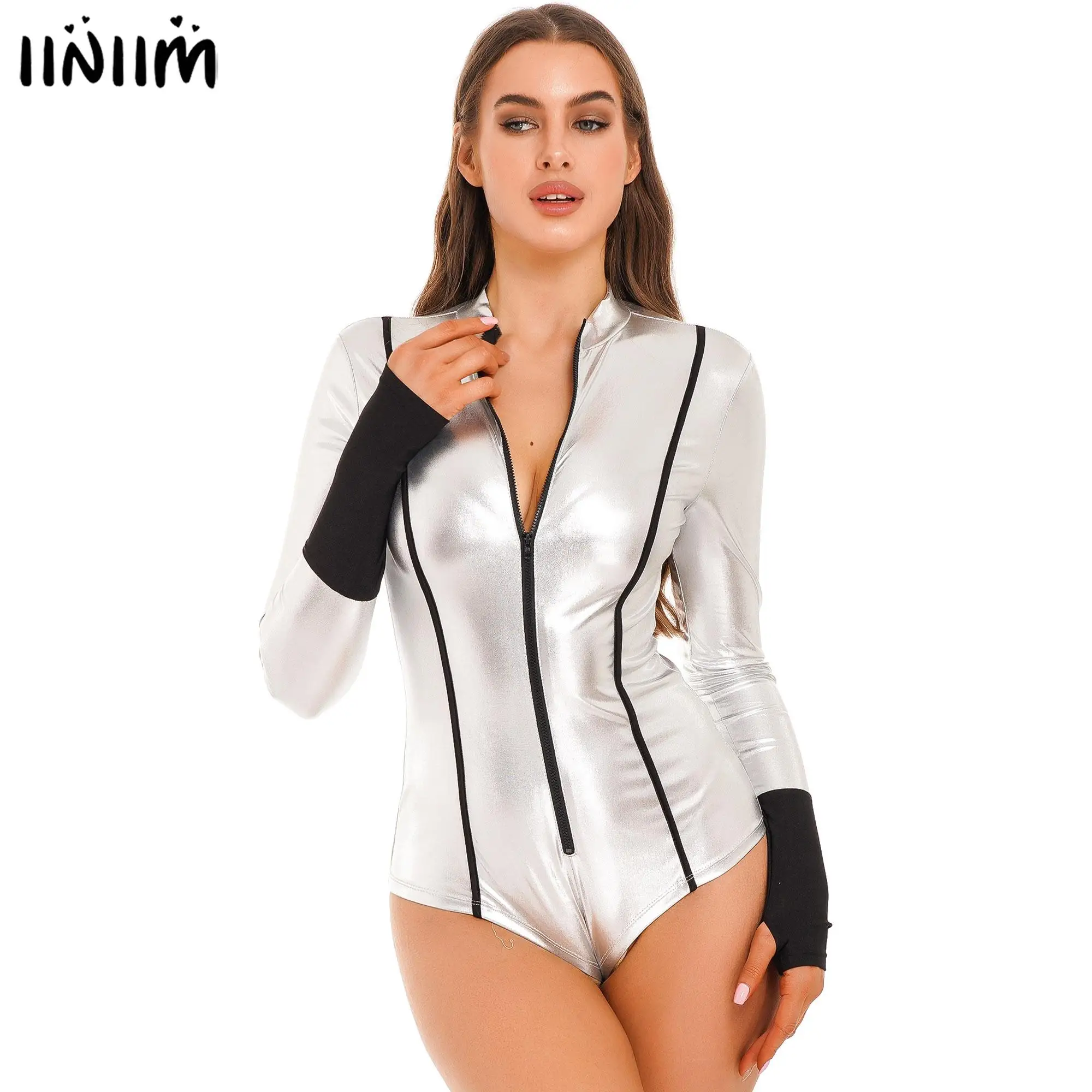 Womens Metallic Shiny Bodysuit Swimsuit Zipper Stand Collar Leotard Catsuit Color Block Long Sleeve Halloween Bodycon Jumpsuits
Womens Metallic Shiny Bodysuit Swimsuit Zipper Stand Collar Leotard Catsuit Color Block Long Sleeve Halloween Bodycon Jumpsuits