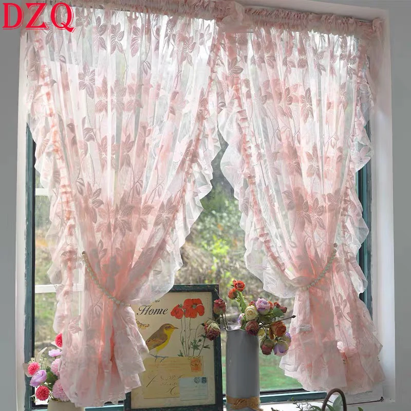 

Idyllic American Rural Pink Pentapetal Flowers Tulle Curtains Lace Warp Ruffled Curtains for Kitchen Lace Roman Curtains #A560