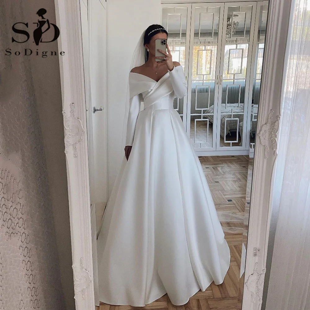 

SoDigne Satin Wedding Dresses With Long Sleeves Dubai Elegant Bride Dress A-Line White/Ivory Bridal Gowns vestidos de novia