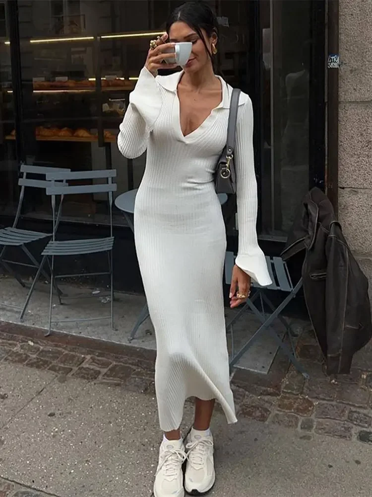 

Elegant V-neck Ribbed Knitted Dress For Women Fashion Flare Long Sleeve Midi Dresses 2024 Autumn Female Chic Streetwear Robes