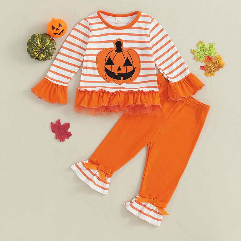 1-6Y Toddler Girls Halloween Outfits Striped Pumpkin Print Long Sleeve Ruffle Tops Flare Pants 2pcs Children's Clothing Sets
1-6Y Toddler Girls Halloween Outfits Striped Pumpkin Print Long Sleeve Ruffle Tops Flare Pants 2pcs Children's Clothing Sets