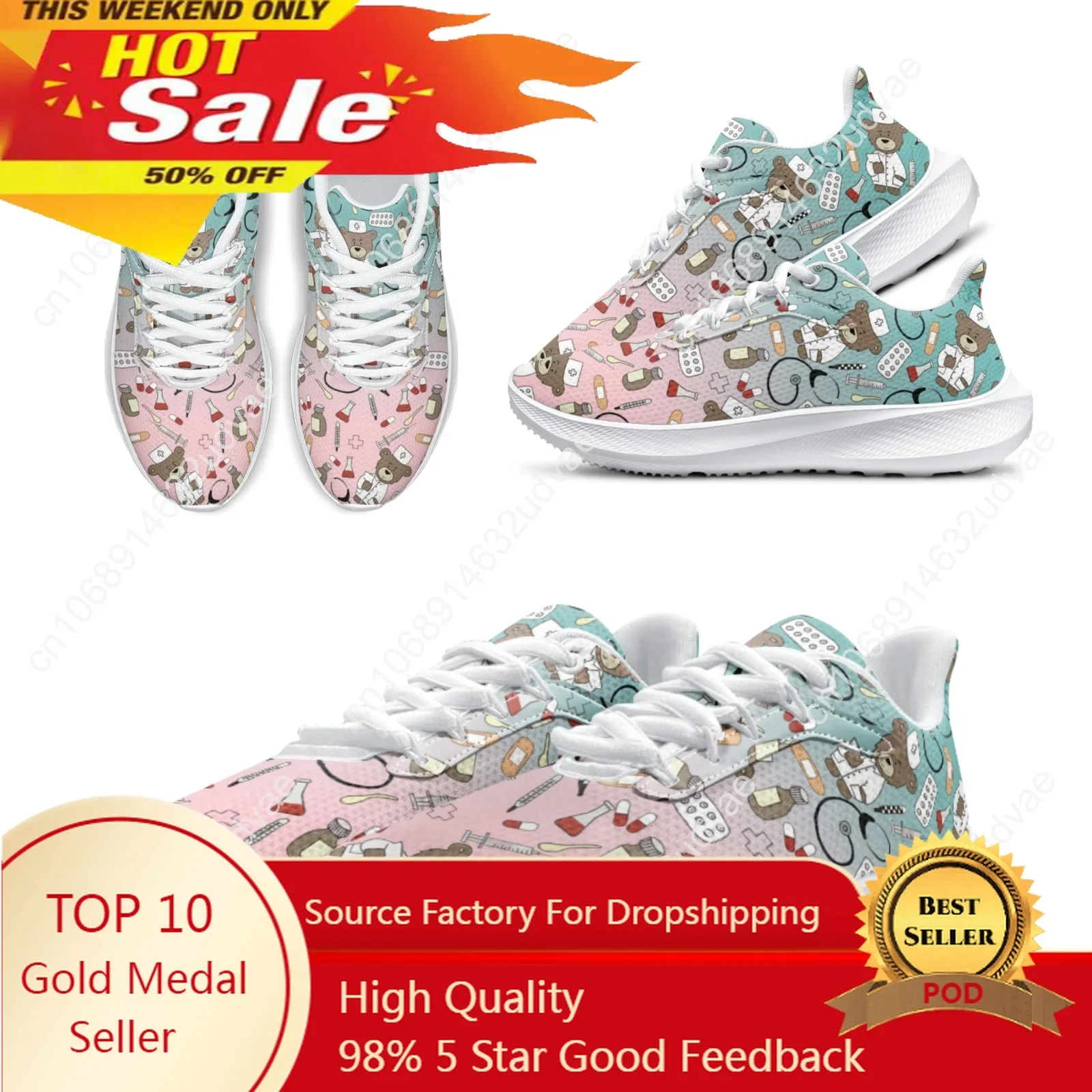 

Hot Selling Cute Medical Bear Print Running Shoes Women Cute Gradient Nursing Footwear Females Gym Sneakers Zapatos