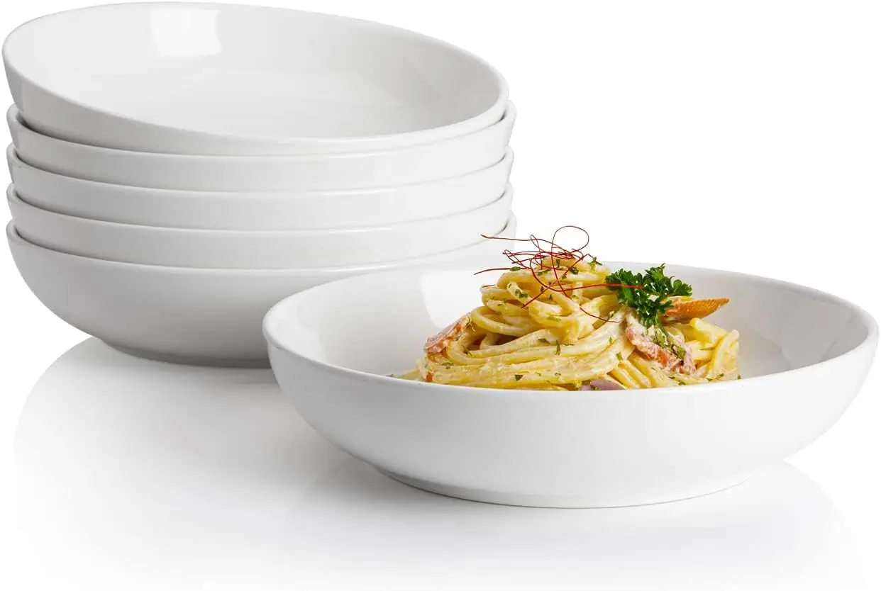 

Sweese Large Salad Serving Bowls, 30 Ounce Porcelain White Pasta Plates Set of 6, 8.4 Inch Pasta Bowls for Dinner,
