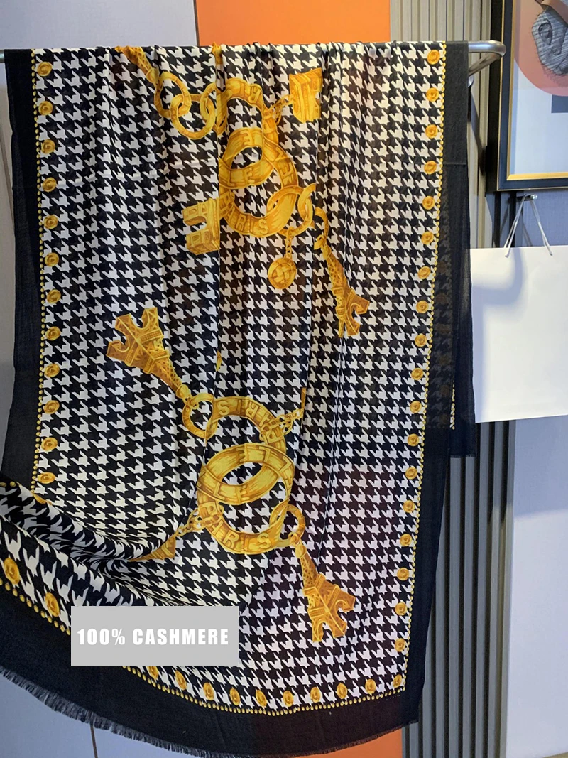 

Houndstooth Print Long Cashmere Silk Scarf Tassel Pashmina Shawl Women Luxury Designers Stole Poncho 200 100