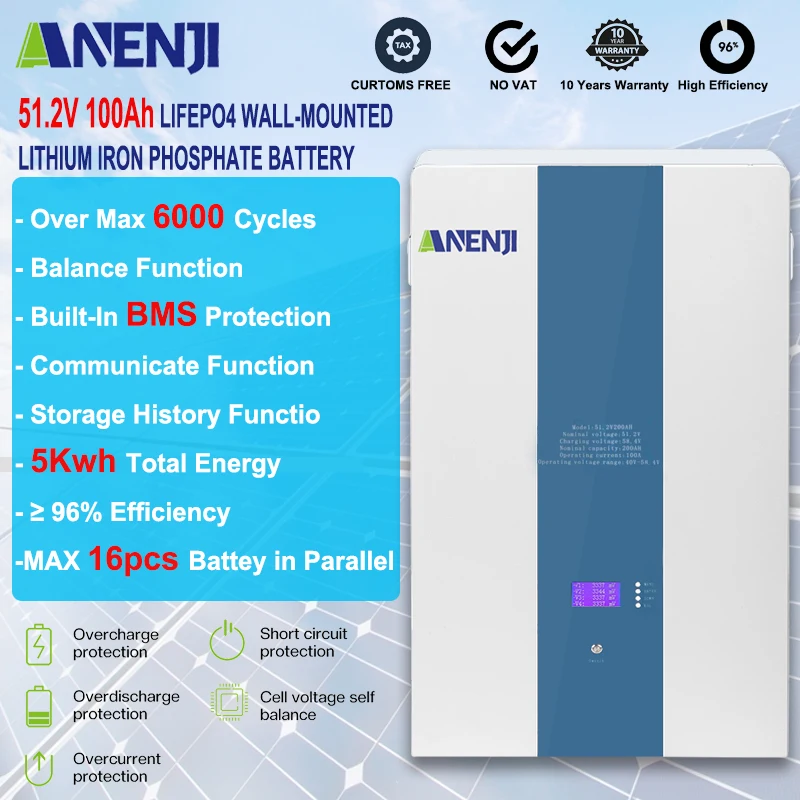 

48V PowerWall 100AH LiFePO4 Battery 51.2V 5KWH Off/On Grid 6000 Cycle Solar Lithium Ion Battery CAN/RS485/RS232 for PV Solar