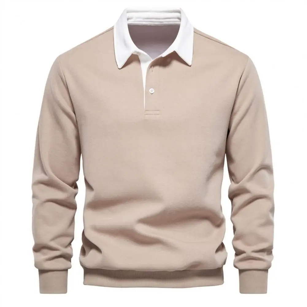 

Sweatshirt Men Autumn Winter Pullover Lapel Buttons Half Placket Patchwork Color Elastic Hem Casual Bottoming T-shirt
