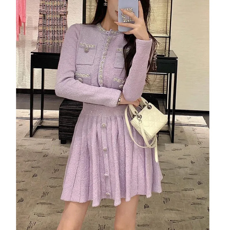 

Winter Women's New Lilac Purple Nail Pearl Embellishment Sequin Round Neck Short Knitted Jacket Pleated Elegant Mini Skirt