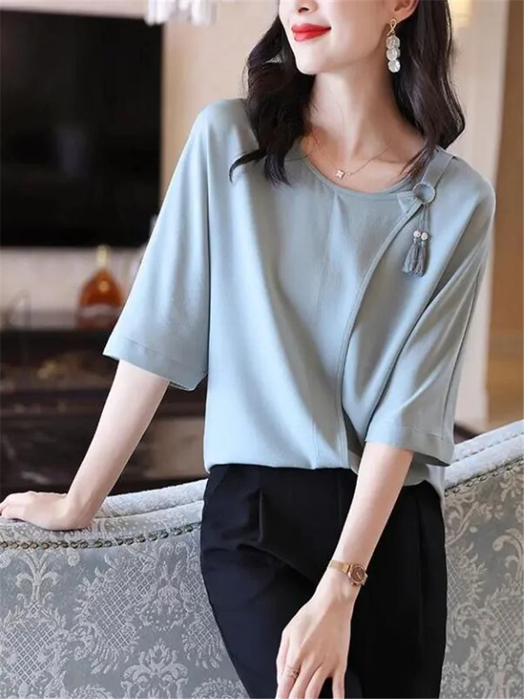 Round Neck Blouses Quarter Sleeved Summer Women's Clothing Fashion Shirt Pullover Elegant Tassels Patchwork Top Female Blouse
Round Neck Blouses Quarter Sleeved Summer Women's Clothing Fashion Shirt Pullover Elegant Tassels Patchwork Top Female Blouse