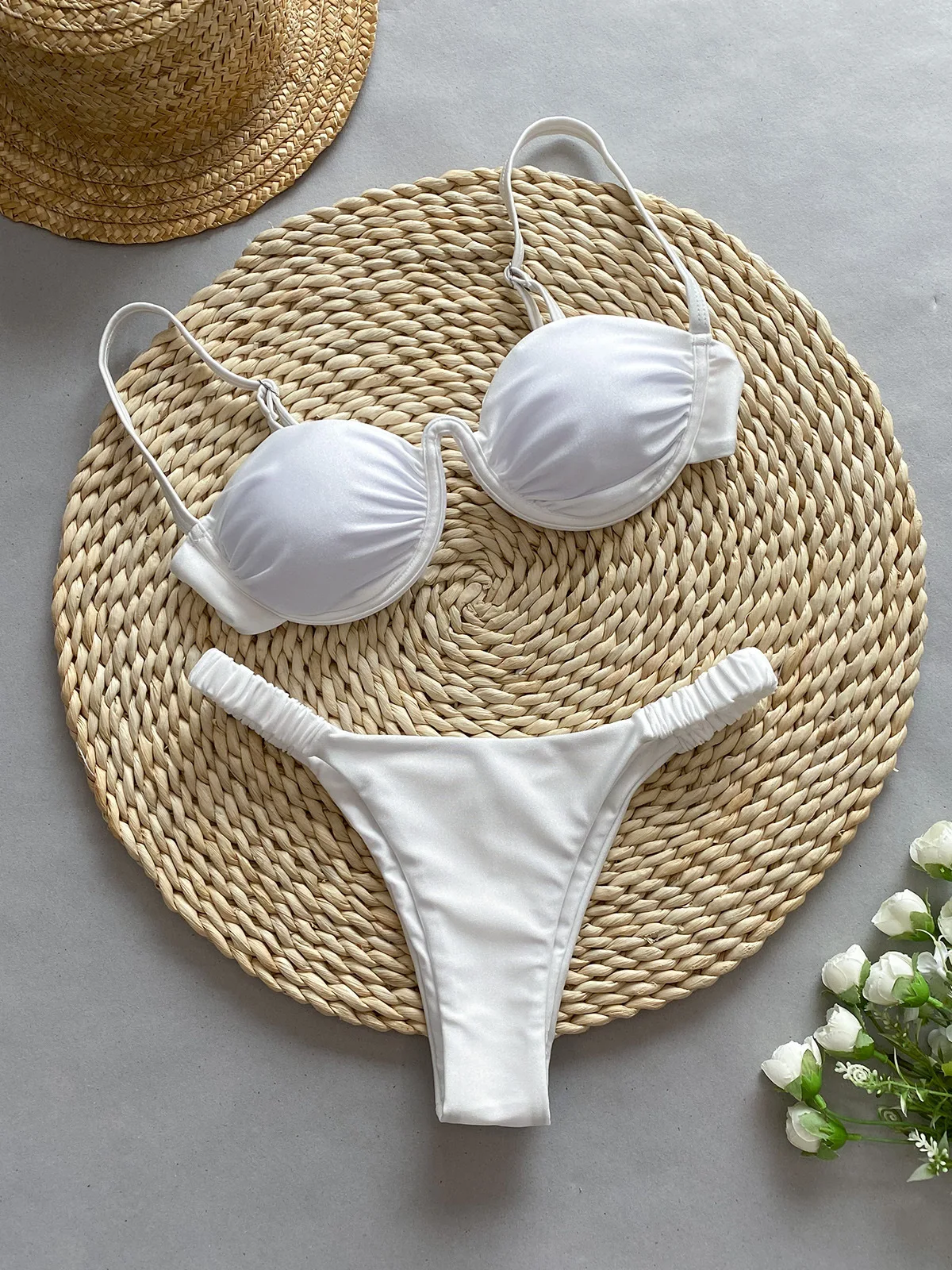 

3D Flower Striped Bandeau Strapless Bikini Female Swimsuit Women Swimwear Two-pieces Bikini set Bather Bathing Suit Swim 2024