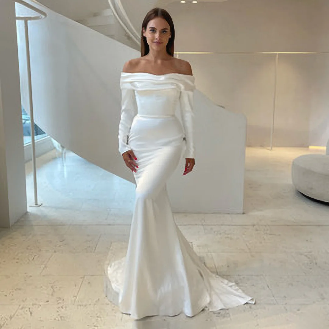 POMUSE Simple Boat Neck Wedding dress Floor-Length Pleat Mermaid Wedding Bride Gown Custom Made Vestido De Novia for Women
POMUSE Simple Boat Neck Wedding dress Floor-Length Pleat Mermaid Wedding Bride Gown Custom Made Vestido De Novia for Women