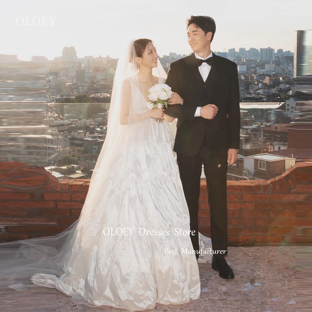 

OLOEY Simple Taffeta A Line Korea Wedding Dresses Photosoot V Neck Tiered Floor Length Bridal Gowns Custom Made Princess New
