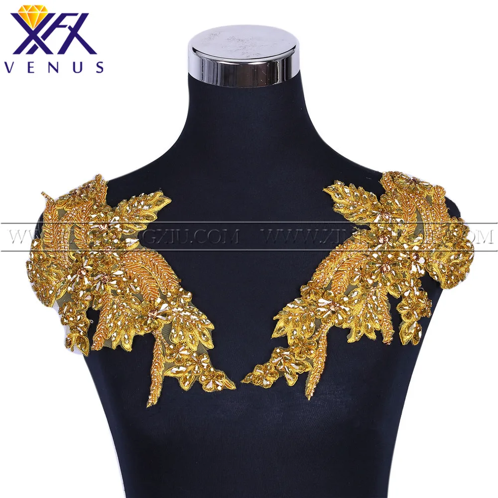 XFX VENUS 1 Pair Handsew on bodice Gold rhinestone applique with glass beads patches wedding dress accessories for DIY
XFX VENUS 1 Pair Handsew on bodice Gold rhinestone applique with glass beads patches wedding dress accessories for DIY
