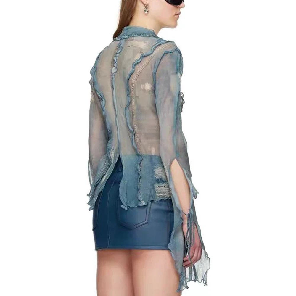 

Women's Faux Denim Printed Hole Tie Shirt, Sexy See-Through Commuter, Cotton Blouse Tops, Spring and Summer, New, Y2k, 2024