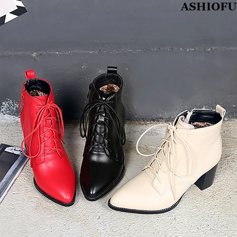 

ASHIOFU Handmade New Arrival Ladies Thick Heels Ankle Boots Crisscross Shoelace Black Faux Leather Evening Fashion Party Shoes