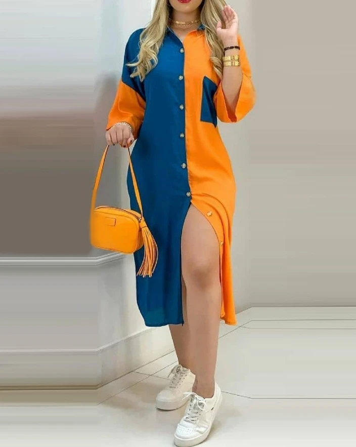Loose Women Dress Colorblock Button Design Shirt Dress 2024 Early Spring Latest Turn Down Collar Long Sleep Daily Mid Calf Dress
Loose Women Dress Colorblock Button Design Shirt Dress 2024 Early Spring Latest Turn Down Collar Long Sleep Daily Mid Calf Dress