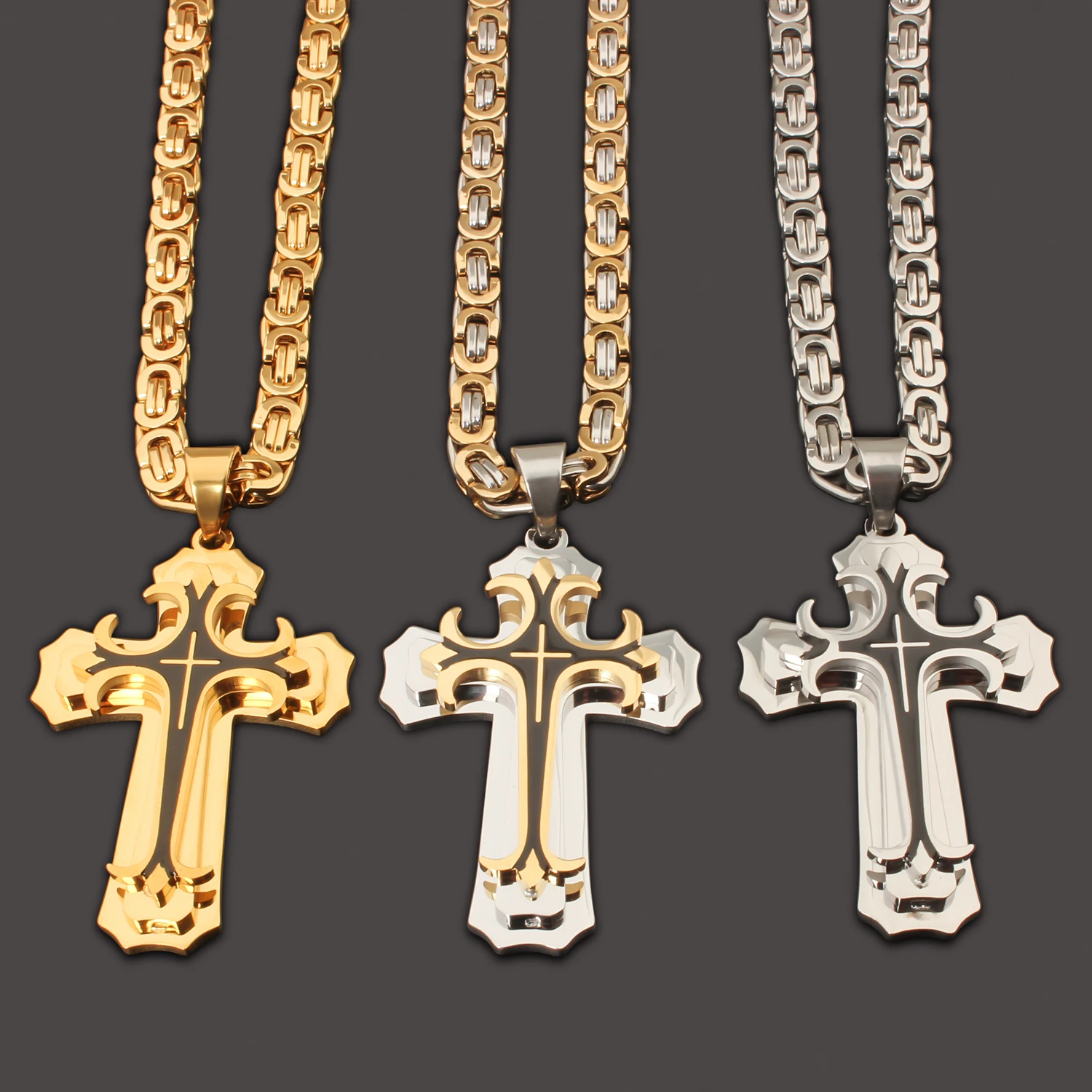 Men's Vintage Stainless Steel Three-layers Cross Pendant with Byzantine Necklace Chain 24" for Prayer
Men's Vintage Stainless Steel Three-layers Cross Pendant with Byzantine Necklace Chain 24" for Prayer