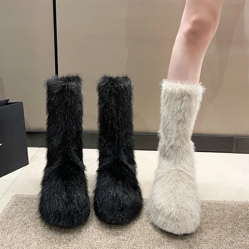 

Plush Platform Mid Calf Boots For Women Winter Warm Ladies Luxurious Design Sexy Outside Side Zip Woman's Boot 25CM Boot Height