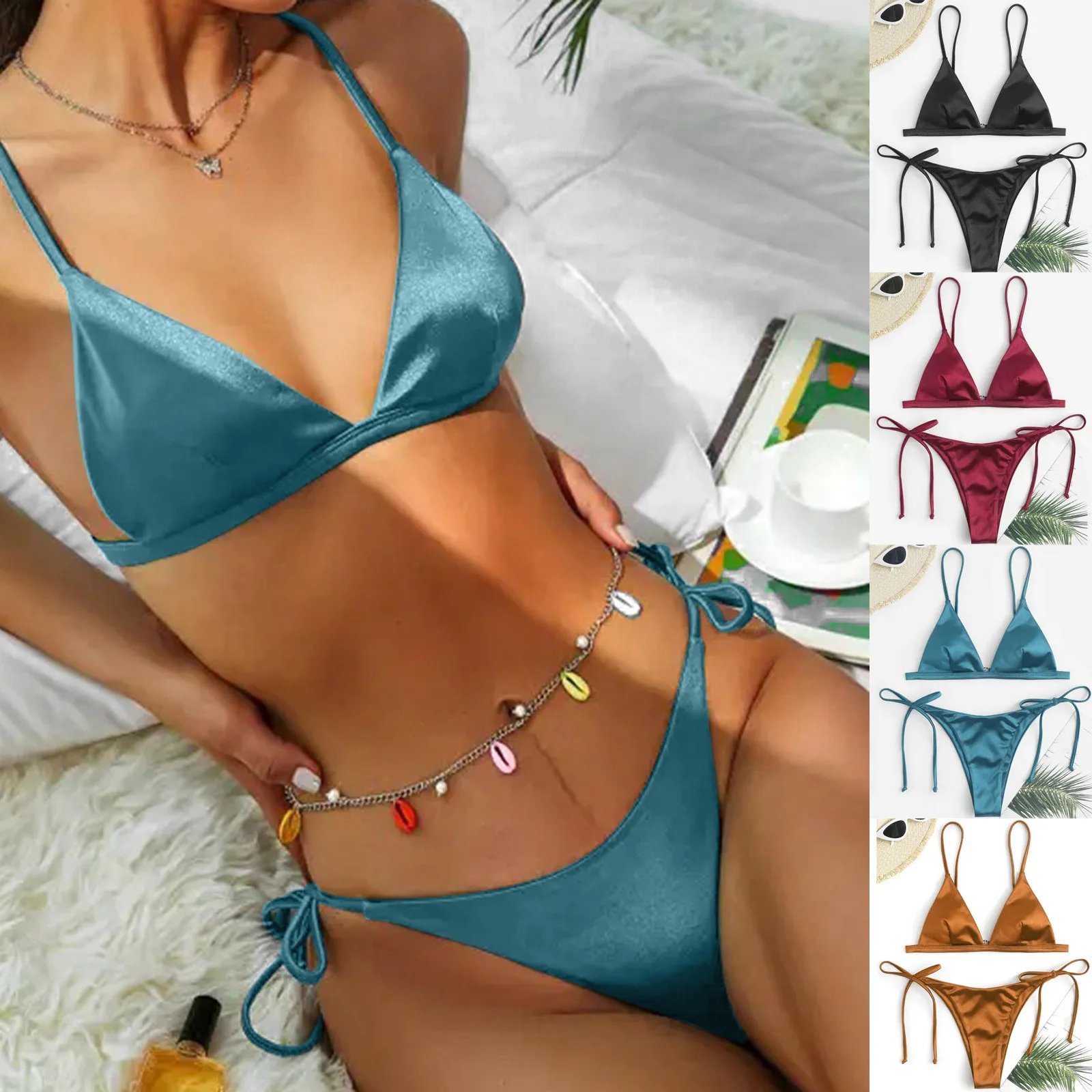 

New Solid Color Thongs Bikini Set Women Fashion Bathing Suit Sling Bandage Stretch Bodycon Female Mini Bikini Swimwear Swimsuits