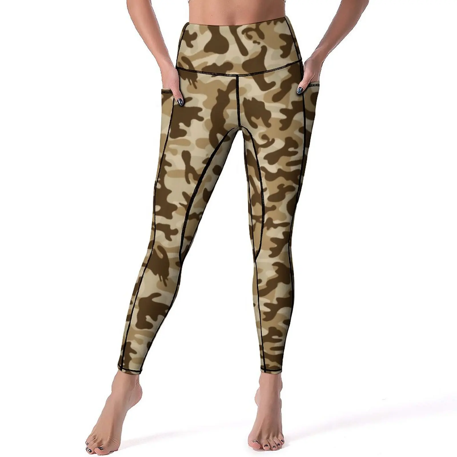 

Trendy Desert Tan Leggings Sexy Camouflage Print Running Yoga Pants Push Up Elastic Sports Tights Pockets Novelty Design Leggins