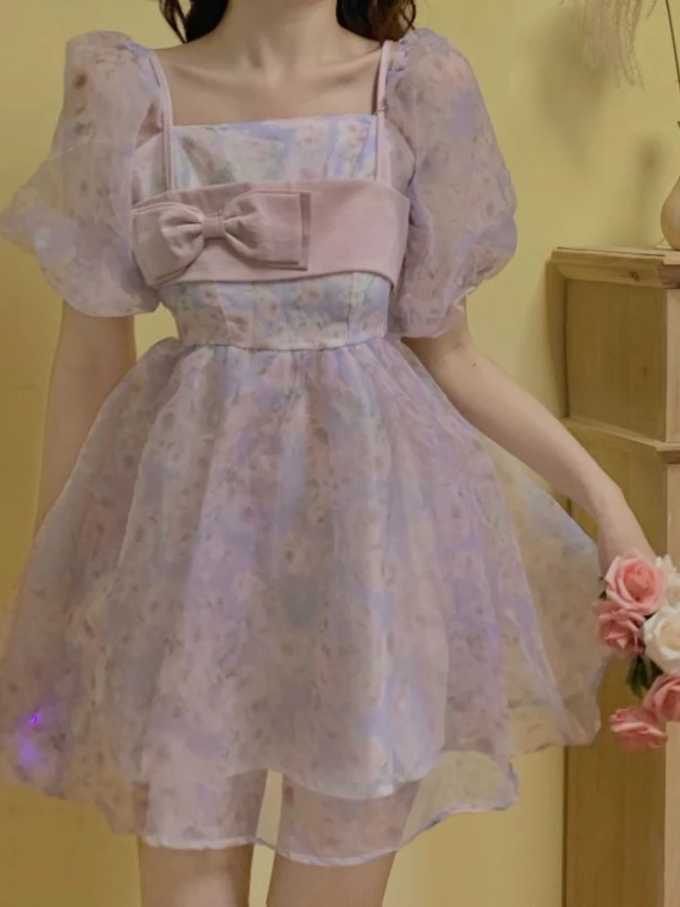 

Милое короткое платье с цветочным принтом и бантом, женское элегантное мини-платье с французским квадратным вырезом, летнее цельное платье в Корейском стиле 2023