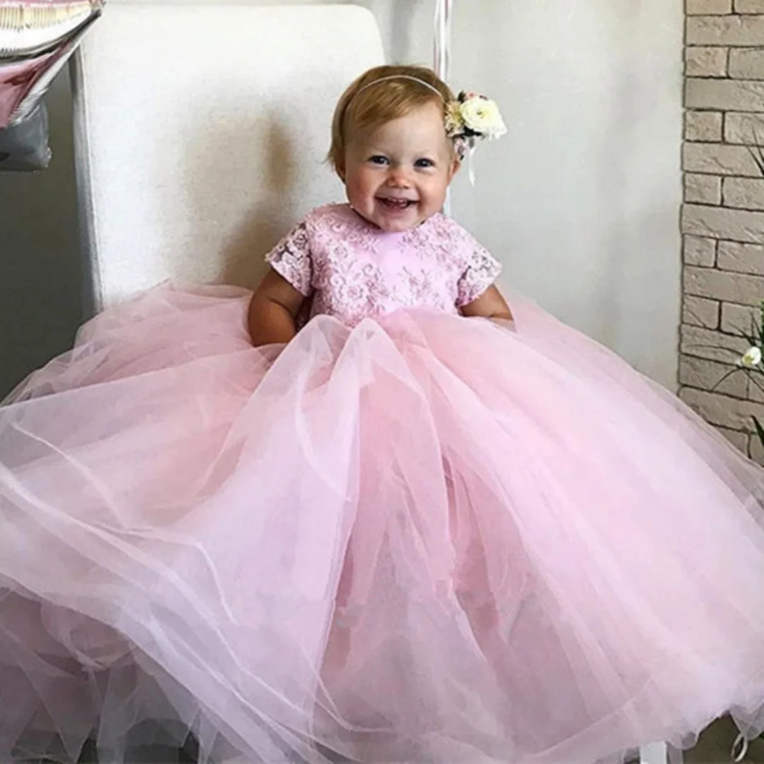 

Flower Girl Dresses Pink Tulle Puffy Appliques Long Sleeve For Weddings Birthday Party Abnquet First Communion Gowns