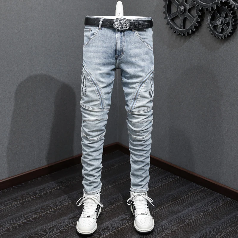 

High Street Fashion Men Jeans Retro Light Blue Elastic Skinny Spliced Designer Biker Jeans Patched Designer Hip Hop Pants Hombre