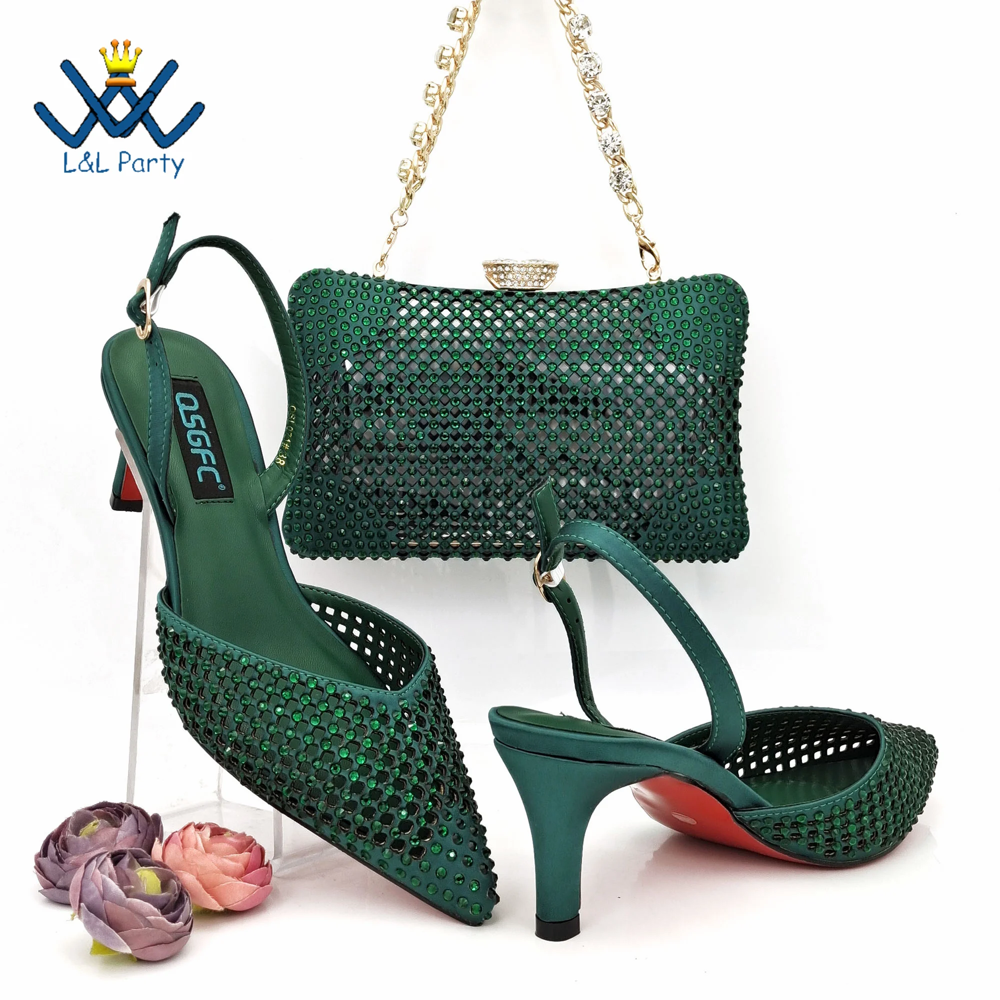 

Fashionable New Arrivals Nigerian 2024 Design Women Shoes and Bag Set in Green Color Decorate with Rhinestone for Party