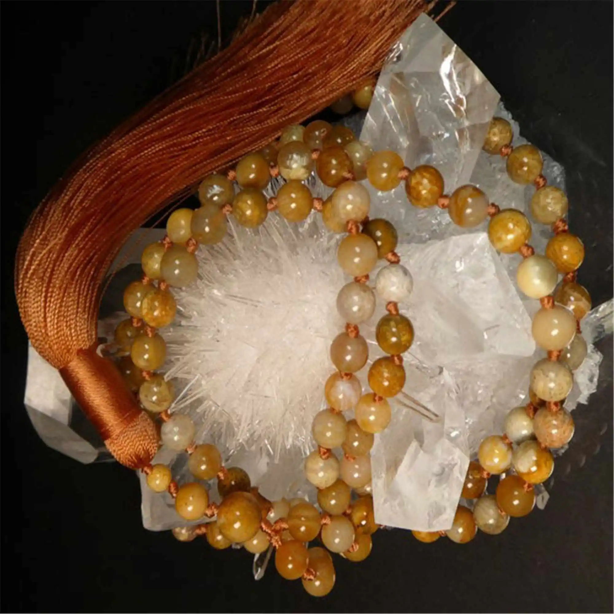 

6mm Fashion Natural Fossil Coral 108 Beads Tassel Mala bracelet Opera length Rustic Crystal Hipster Contemporary Chakra Lariat