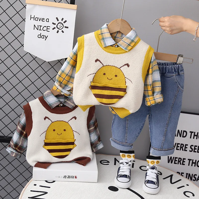 0-5-year-old children's clothing children's cartoon little bee vest sweater three piece set handsome plaid shirt+jeans three pie
0-5-year-old children's clothing children's cartoon little bee vest sweater three piece set handsome plaid shirt+jeans three pie