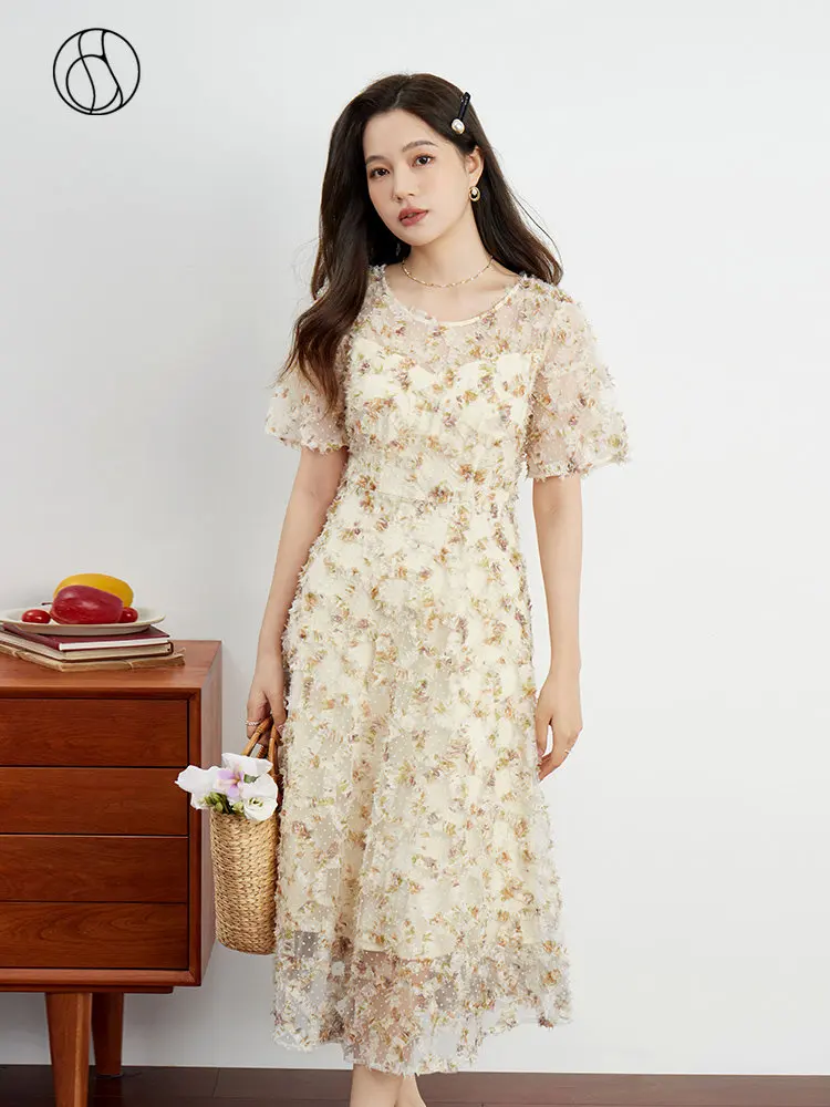 

DUSHU Heavy Industry French Retro Style Lace Pan Embroidery Dress for Women Summer New Floral A-Line Pastoral Sense Dress Female