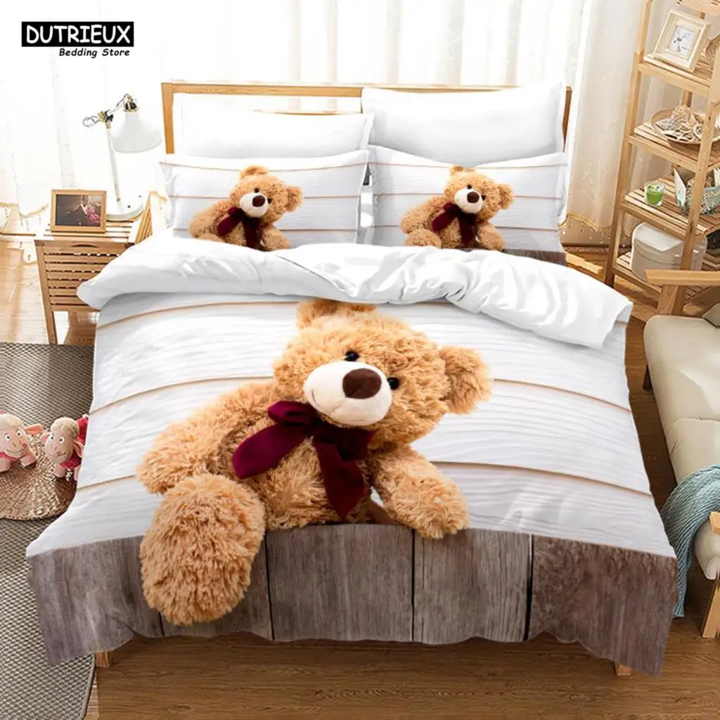 

3D Teddy Bear Bedding Set White Polar Bear Bed Linen Teens Women Single Twin Queen King Full Size Duvet Cover 2/3pcs Bedclothes