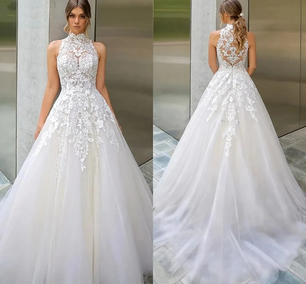Stylish romantic tulle sexy A-line high-neck wedding dress for women plus size lace applique beach sweep train bridal dress
Stylish romantic tulle sexy A-line high-neck wedding dress for women plus size lace applique beach sweep train bridal dress