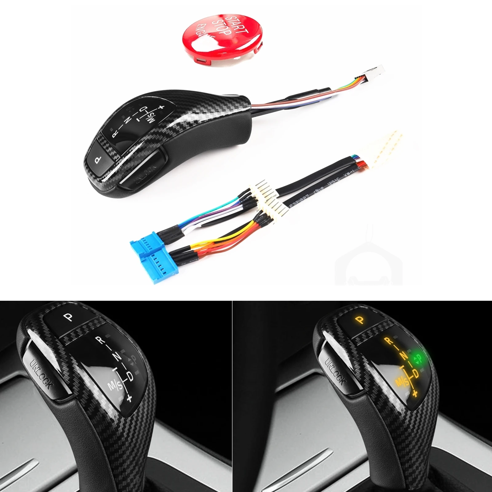 

For BMW 1 Series E81/E82/E84/E87/E88 E90 E91 3 Series E92 E93 Z4 23i 30i LED Gear Shift Head Knob+Engine Start Stop Button Cover