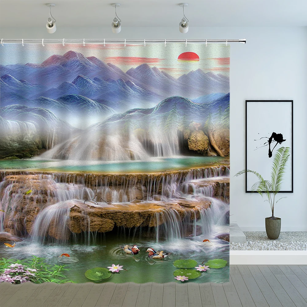 

Scenic Waterfall Shower Curtain Nature Jungle Green Forest Tree Water Lake View Bathroom Polyester Fabric Decor Bath Curtains