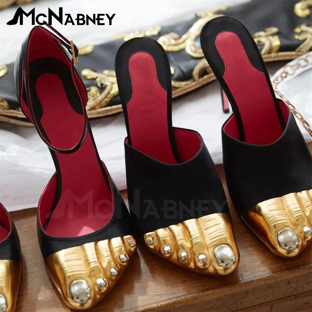 

Golden Brass Toes Satin Mules Butterfly Knot Strappy Sandals Novel Designer Style High Heeled Pumps Sexy Stiletto Summer Sandals